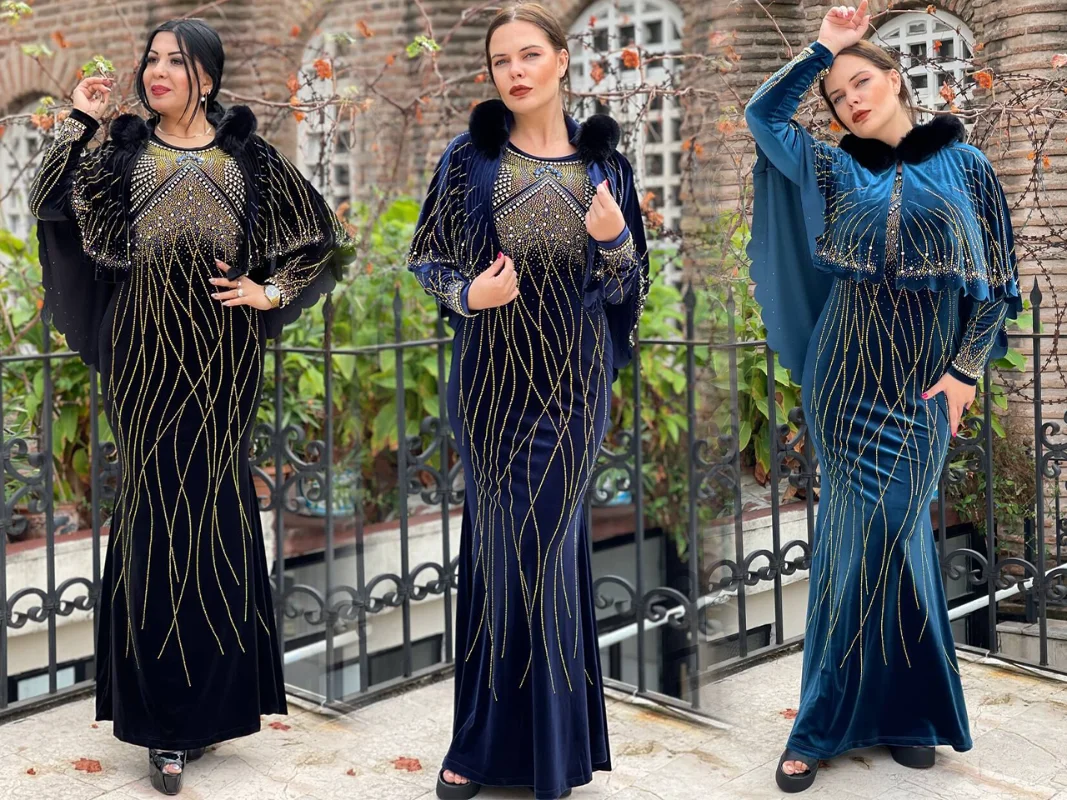 

Fashion Cloak Design Robe Middle East Ladies Dubai High Quality Korean Velvet Dress Two Piece Muslim Ladies Clothing Birthday