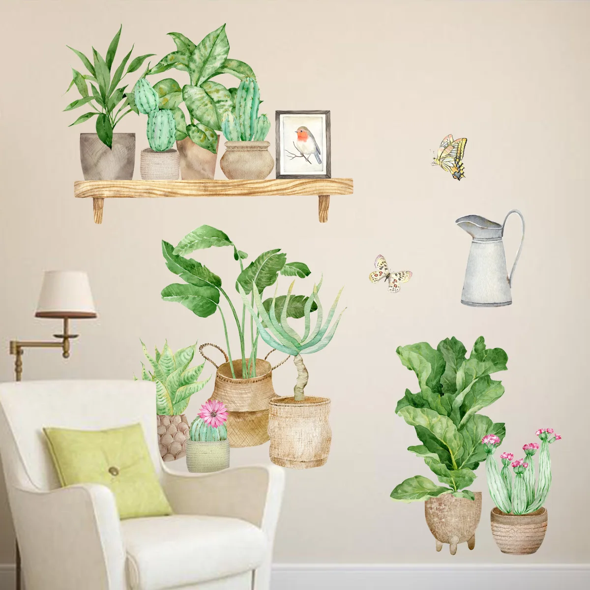 Зеленые горшечные растения и бабочки настенные наклейки для детской комнаты