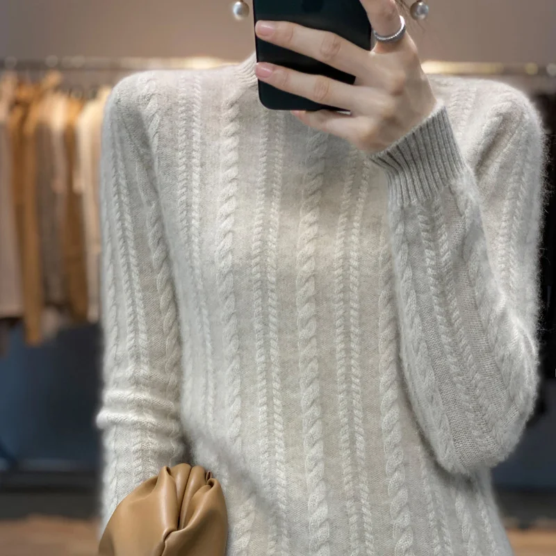 Autumn and winter new slim fashion knitting 100% pure wool sweater women's half height bottoming versatile loose