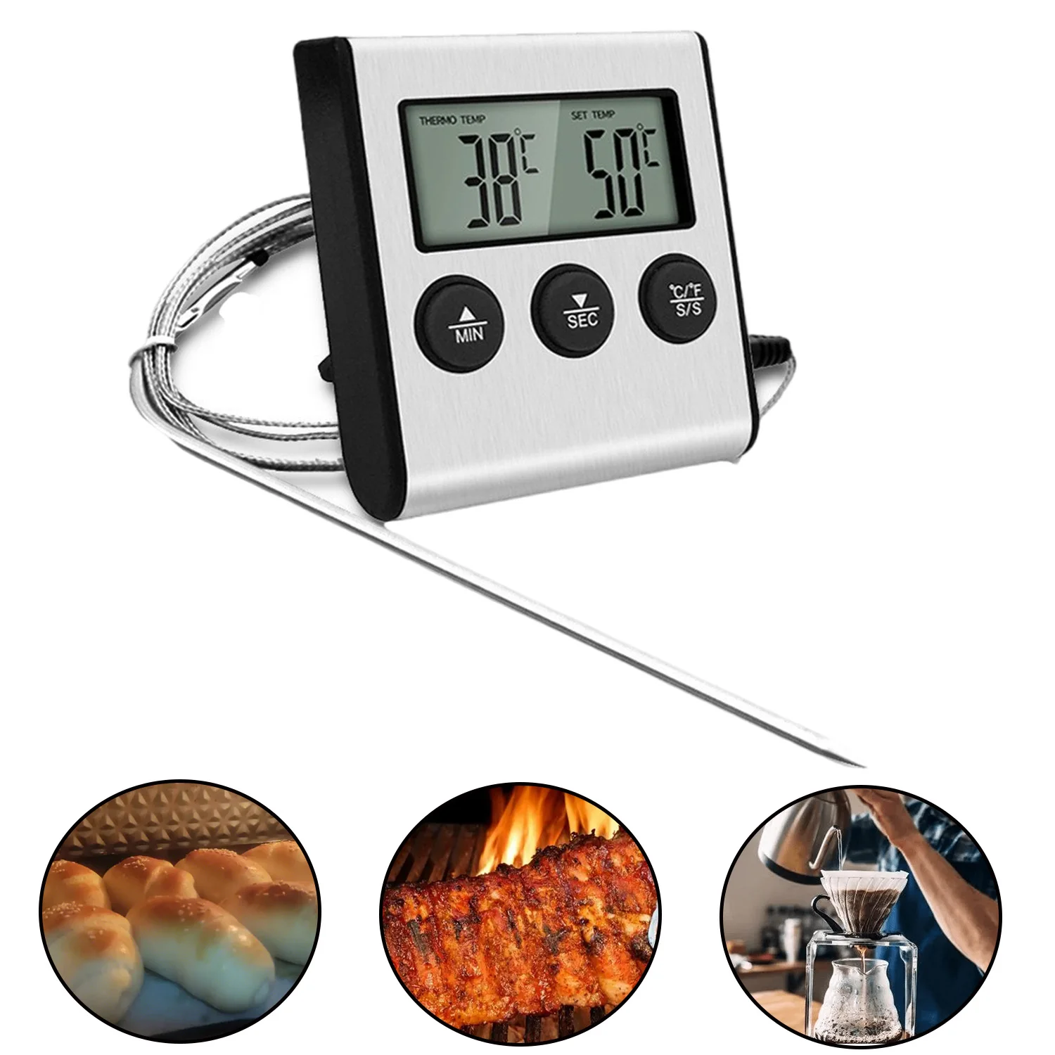 

Food Thermometer,Dial Probe Temperature Measurement Range -50 °C~+200 °C,Instant Read for Kitchen Cooking Milk Coffee BBQ Toast