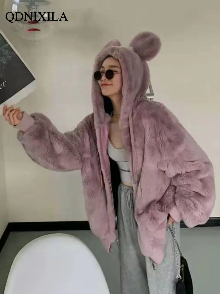 Winter Jacket Women 2022 Faux Fur Coat New Outerwear Cute Bear Ears Plush Warm Hood Loose Coats Women's Jacket for Women