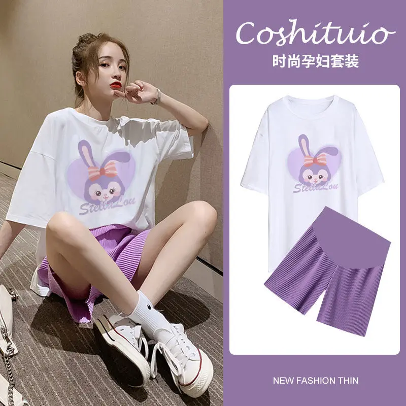 

Maternity Clothing Wear New Summer 2pcs Short-sleeved Shorts Suit Korean Casual Pregnant Outwear Pregnancy Clothes Set