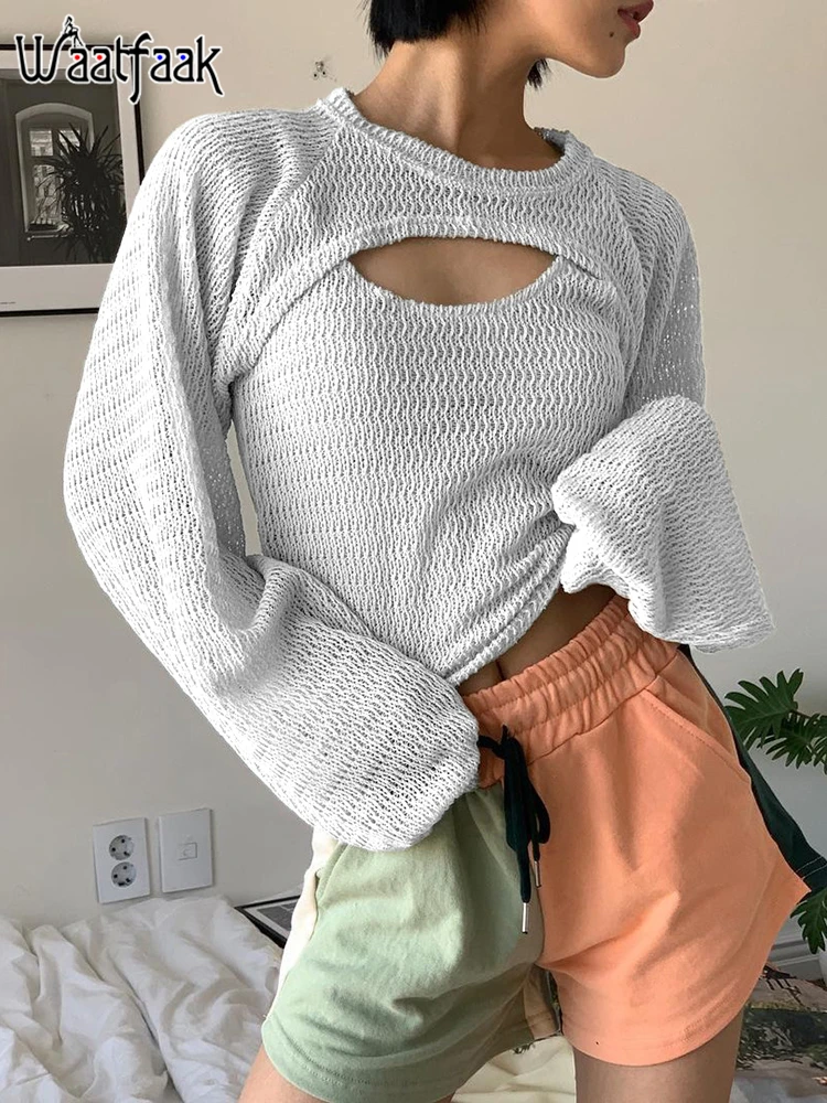 

Женская футболка с вырезами Waatfaak, повседневная Винтажная футболка с круглым вырезом в стиле High Street из 2 предметов, Y2K