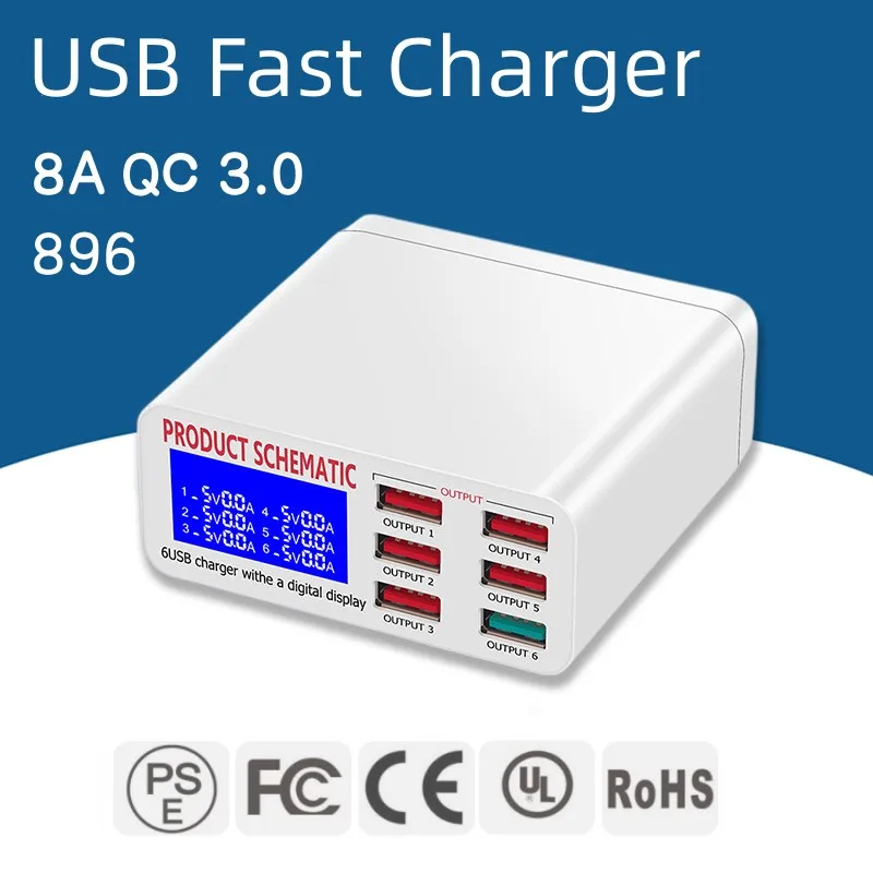 

8A QC3.0 USB Charger with LCD Display 6 Ports Desktop Mobile Phone Charger Smart Fast Charging for Smart Phones Tablet PC