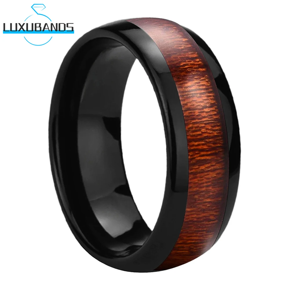 

Black Tungsten Carbide Ring For Men Women Engagement Domed Band Wood Inlay Polised Finish High Quality Comfort Fit
