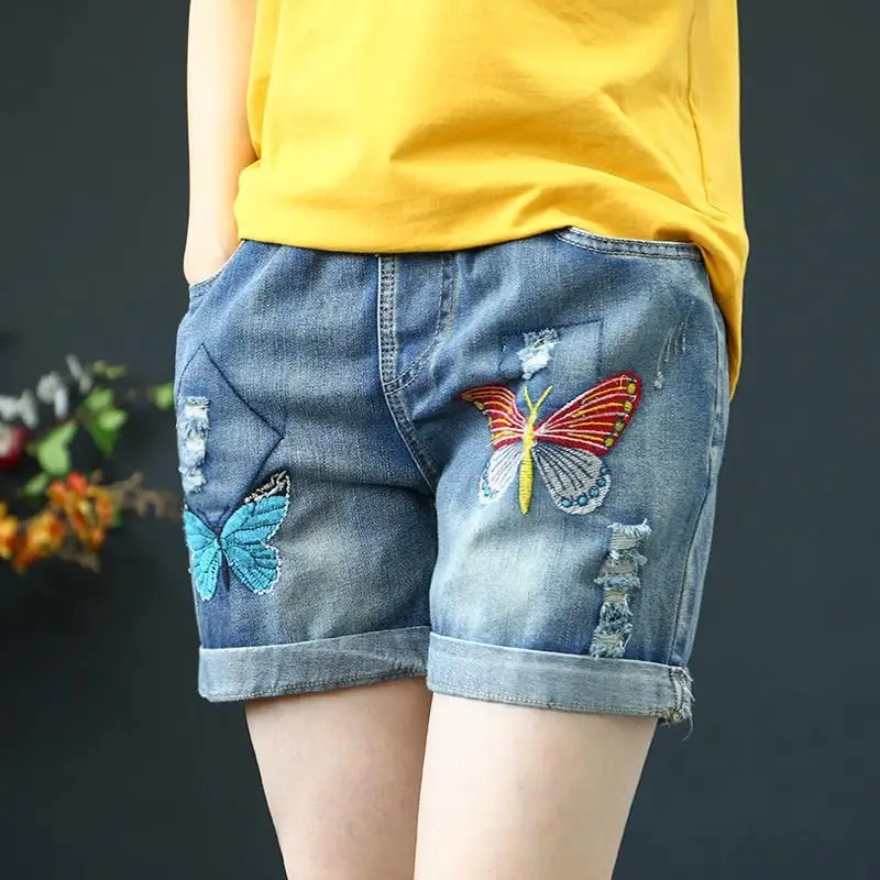 Denim Shorts Women's Summer New Butterfly Embroidered Casual Pants Jeans Feminino Pantalones Cortos Ropa Mujer Verano 2022
