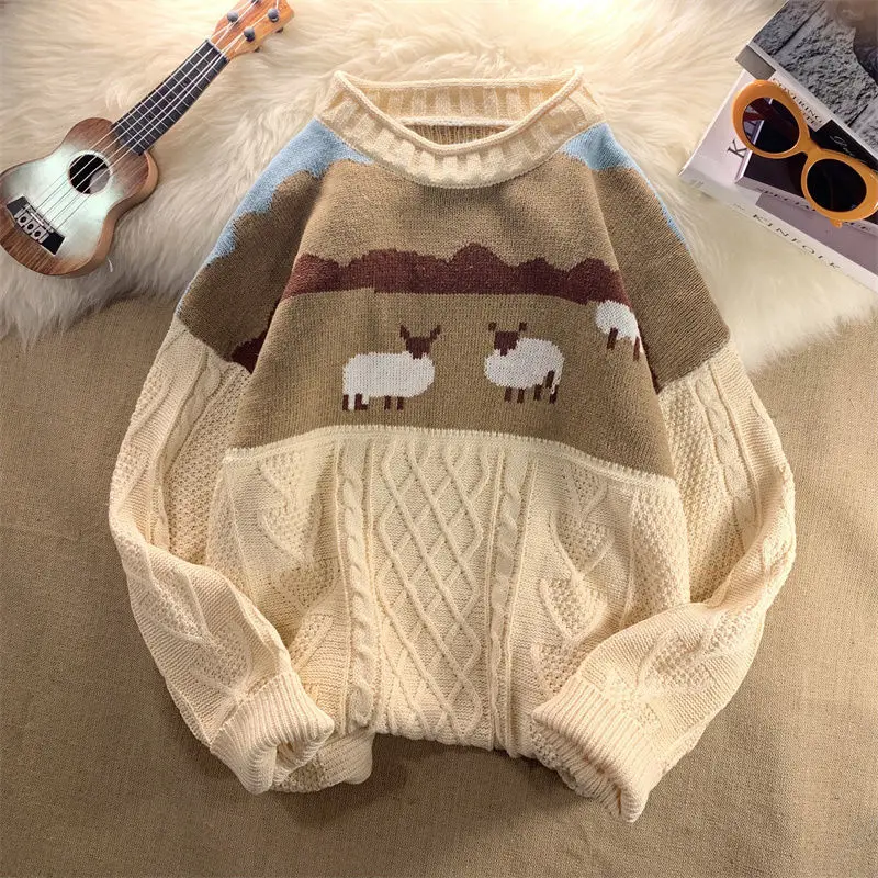 

Cartoon Sheep Jacquard Twist Sweater Men Jumper Autumn Knitted Sweater Women Coat O Neck Long Sleeve Korean Pullovers Winter Top