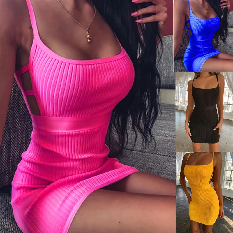 

2022 Sexy Women Bodycon Dress Sleeveless O Neck Spaghetti Strap Stretchy Package Hip Short Mini Dress Womens Club Dress Vestido