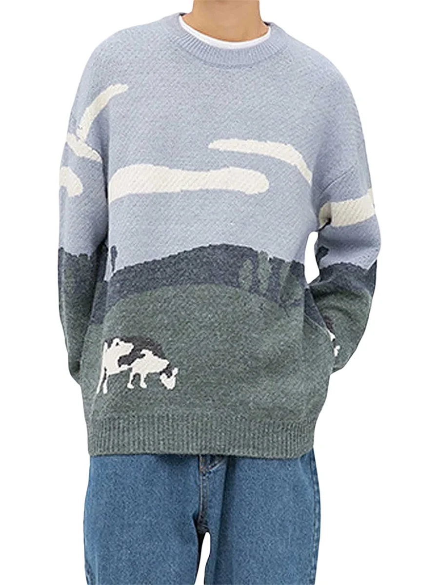 

Men Sweater Long Sleeve Crew Neck Cow Pattern Winter Knit Pullover for Casual Daily