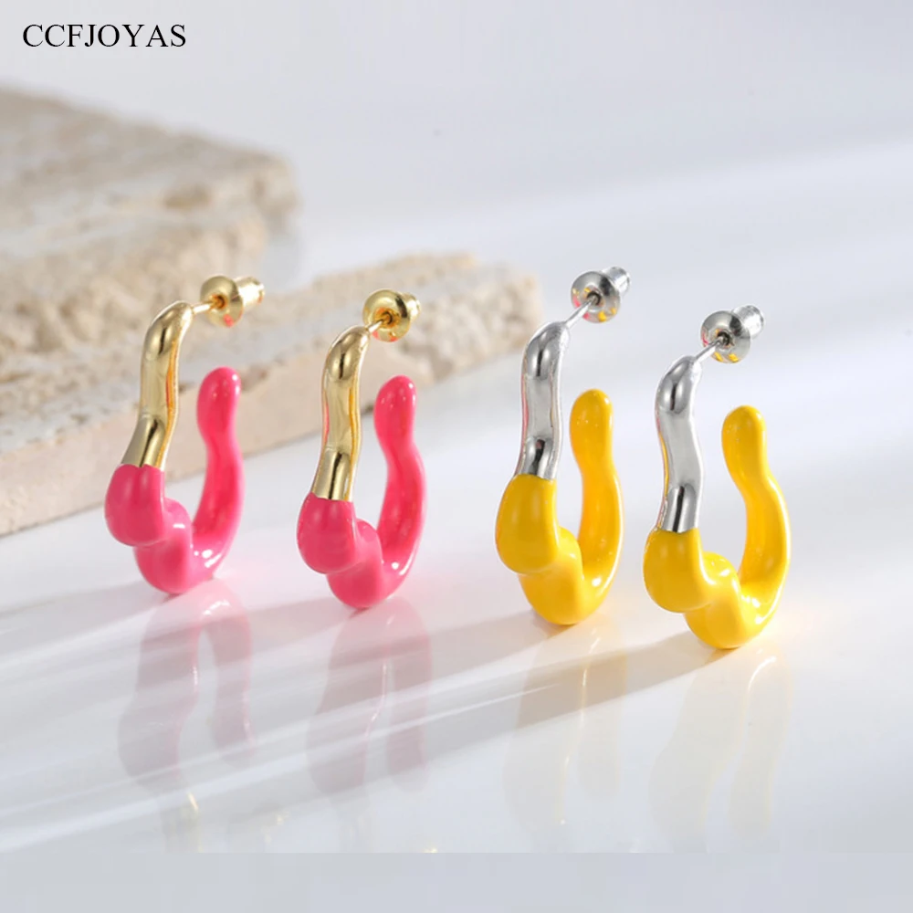 

CCFJOYAS 925 Silver Needle Plated 18k Gold Plated Irregular Rose red/Yellow Enamel Stud Earrings Fashion Personality Jewelry