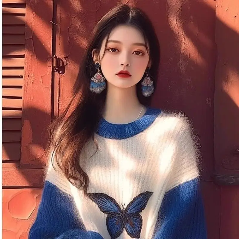 контрастный синий мягкий восковой свитер для женщин 2024 осень и зима новая