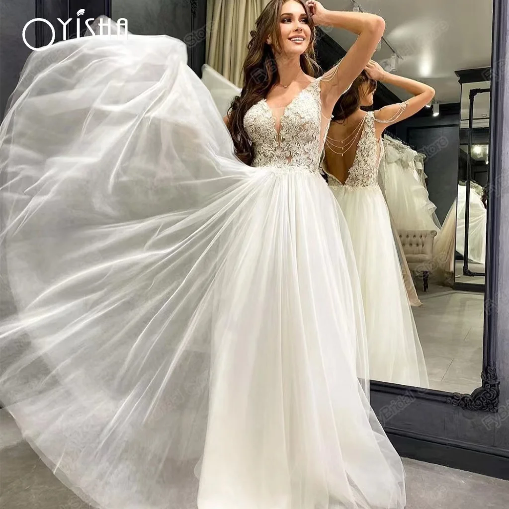 

Женское свадебное платье OYISHA, ТРАПЕЦИЕВИДНОЕ кружевное платье с V-образным вырезом, аппликацией и открытой спиной, с бахромой, фатиновое платье для невесты