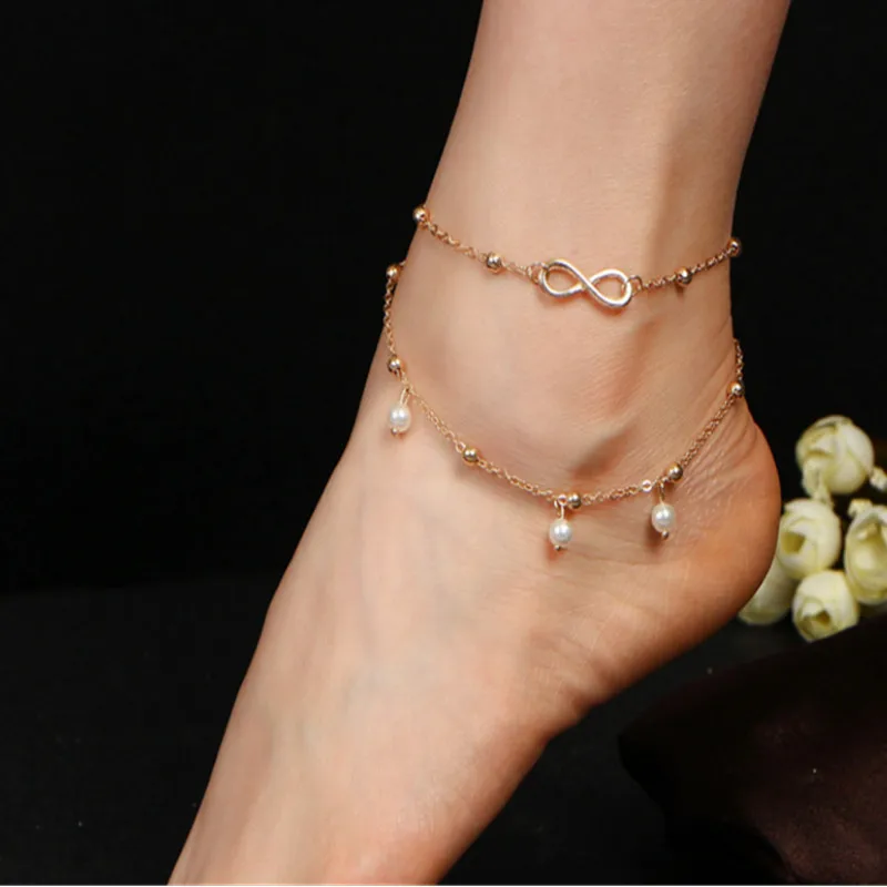 

Vintage Anklets for Women Double Layer Pearl Pendant Anklet Summer Beach Bohemian Foot Anklets On Leg Jewelry