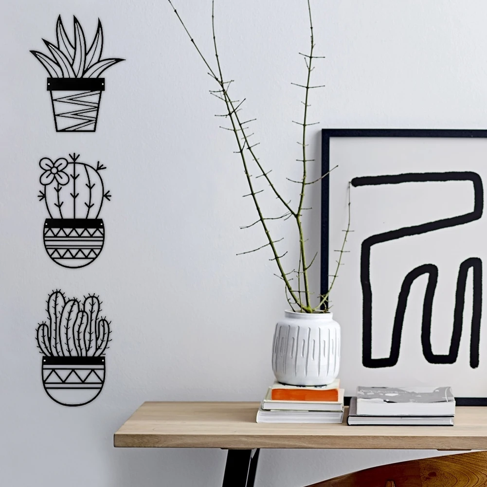 

Настенная металлическая ваза 3 шт./компл., подвесная Современная черная кактус с естественной тематикой, минималистичный домашний декор для...