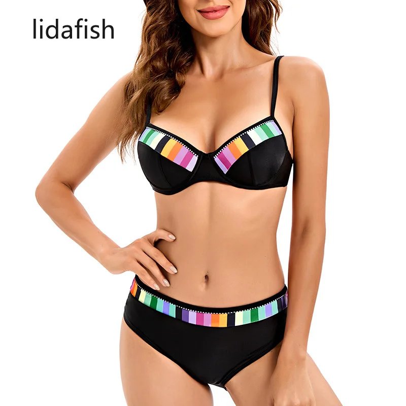 

2022 сексуальный черный комплект бикини из 2 предметов, полосатый купальник в стиле пэчворк, женский купальник на косточках с пуш-ап, женский к...