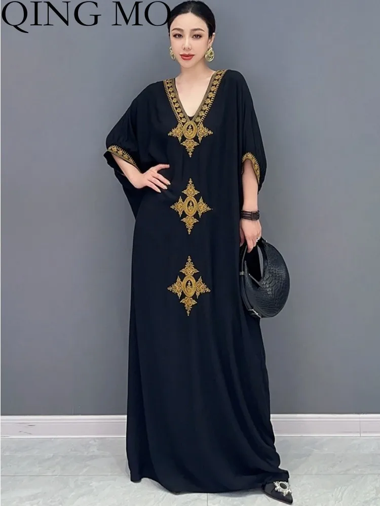 

QING MO 2023 Summer New Korean V-Neck Loose Large Size Dress Shows Slim Fashion Women Lone Length Dress ZXF3251