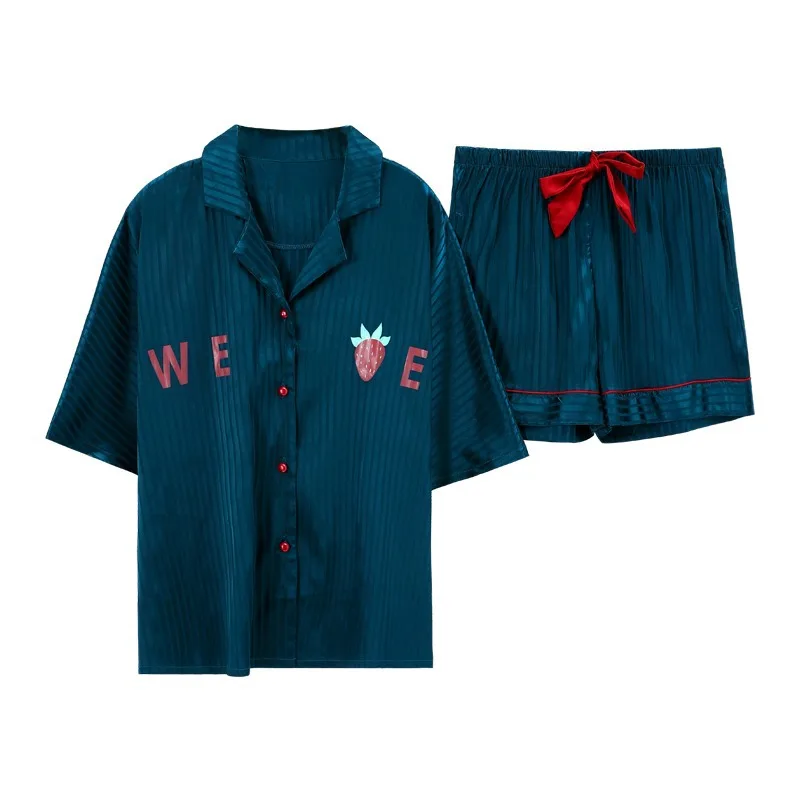 

Pajamas Female Ice Silk Summer Simple Short Sleeve Simulation Silk Screen Red Cardigan Home Suit Pajamas Silk Pajamas