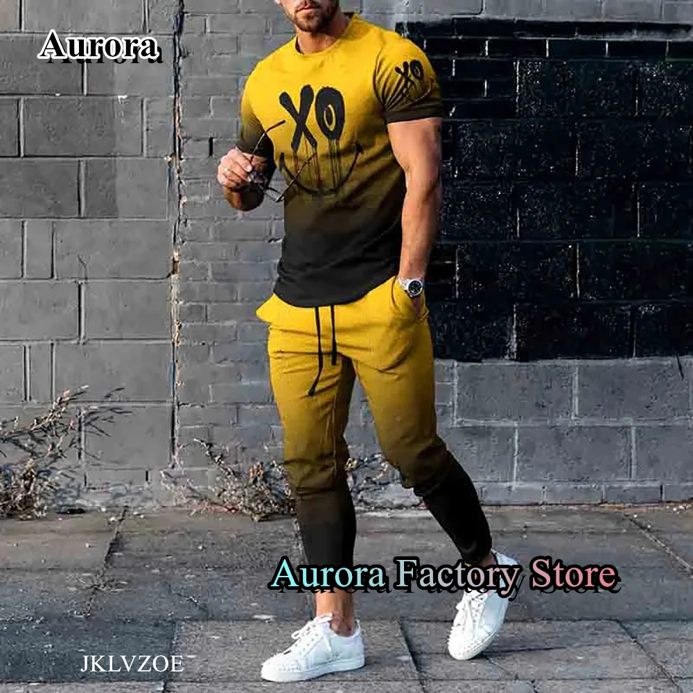Summer Men Smile Printing Tracksuit 2 Pieces T-Shirt Long Pants Set Casual Jogging Suit Fashion Trousers Outfit Male Streetwear