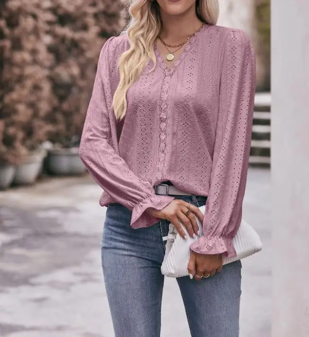 

Fashion Blouses Women 2023 Autumn Solid Long Sleeve T-Shirt Lace V-Neck Long Sleeve Top Casual Basics Female Pullover Clothing