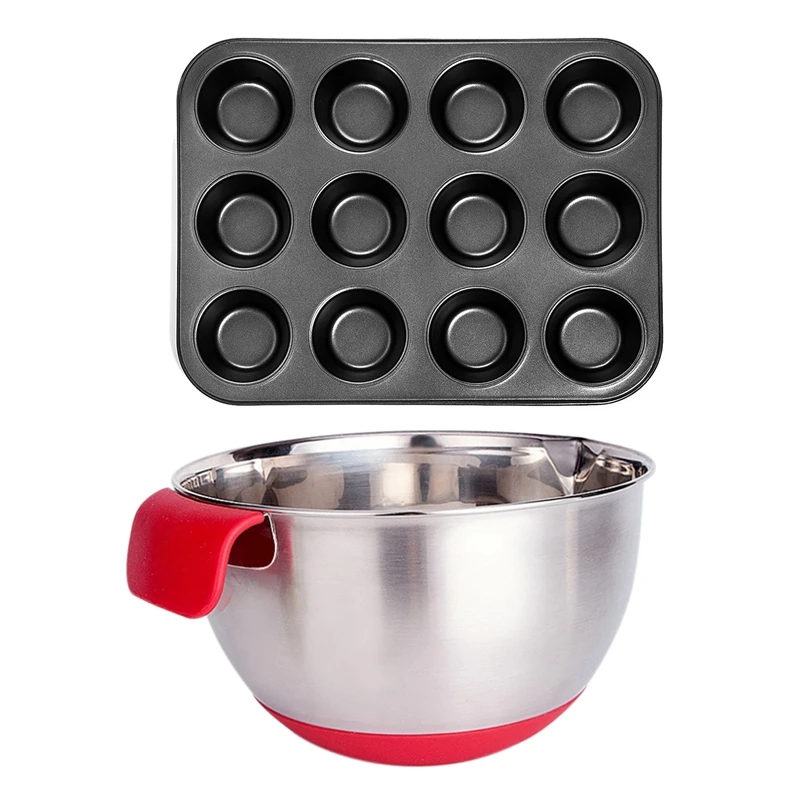 

2 Pcs Accessories: 1 Pcs Silicone Handle Non-Slip Scale Mixing Bowl Salad Bowl & 1 Pcs Carbon Steel Cupcake Baking Tray