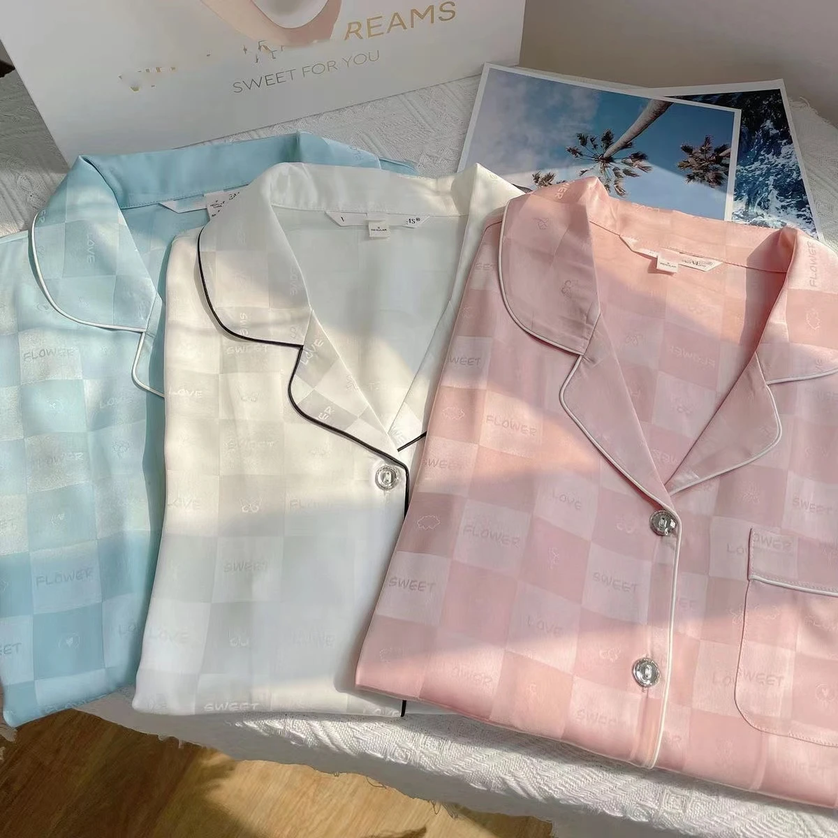 Spring and summer new women's pajamas ice silk plaid jacquard simple casual high-end home service 2-piece suit