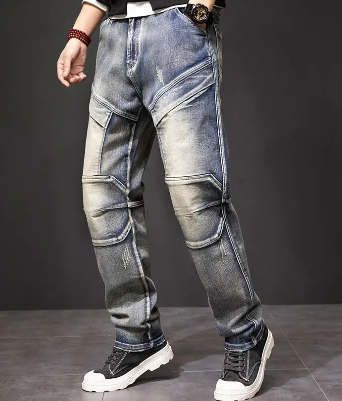 Men Jeans Patch Multi-Pocket Jeans Loose Baggy Denim Pants Hip Hop Joggers Harem Man Cargo Trousers Size 29-44