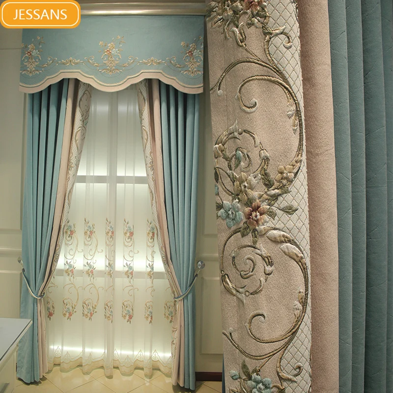 

New Light Luxury Blue Jacquard Stitching Thickened Blackout Curtains for Living Room Bedroom Finished Custom Valance Partition