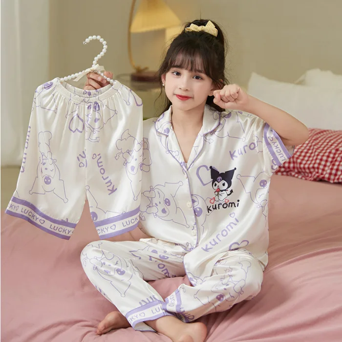 

Anime Kawaii Sanrio Hello Kitty Cinnamoroll Kuromi Cartoon Girls Summer Thin Short-Sleeved Pajamas Fashion Cute Three-Piece Set