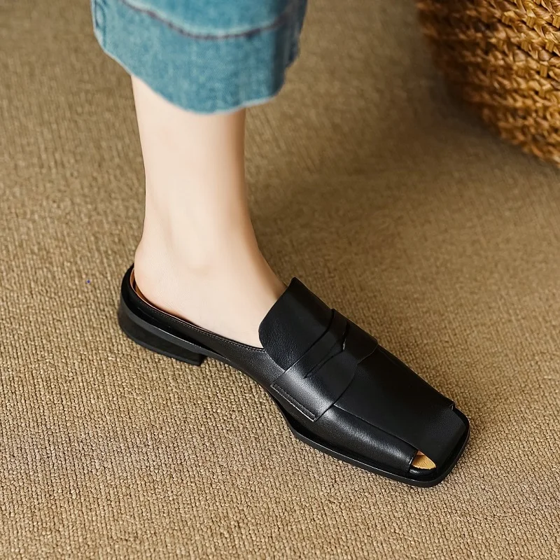 

Женские Мюллеры с квадратным носком в стиле ретро, винтажные простые туфли без застежек, мюли из мягкой воловьей кожи, на плоской подошве, весенние тапочки