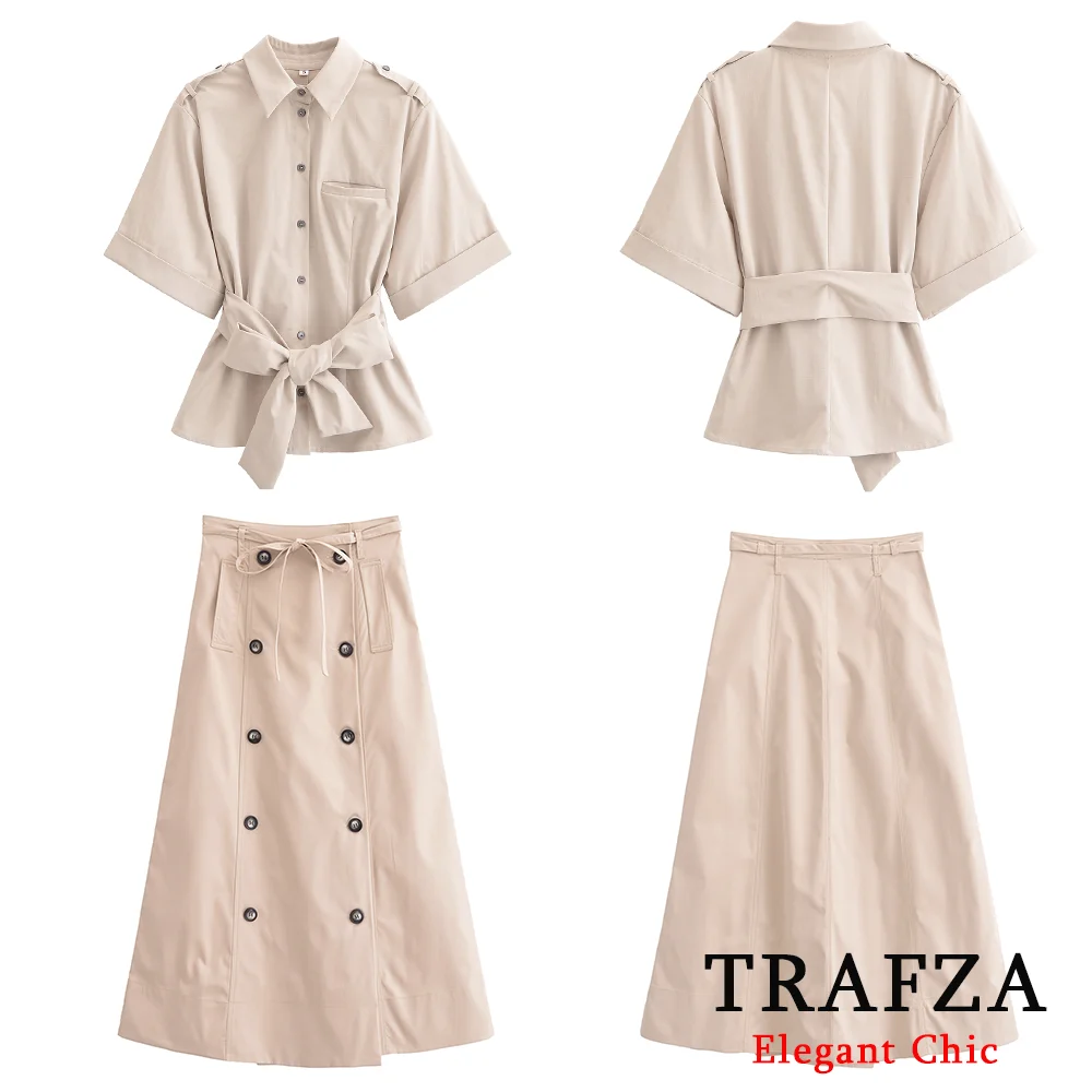 TRAFZA-Женский элегантный бежевый комплект рубашки с поясом на пуговицах или