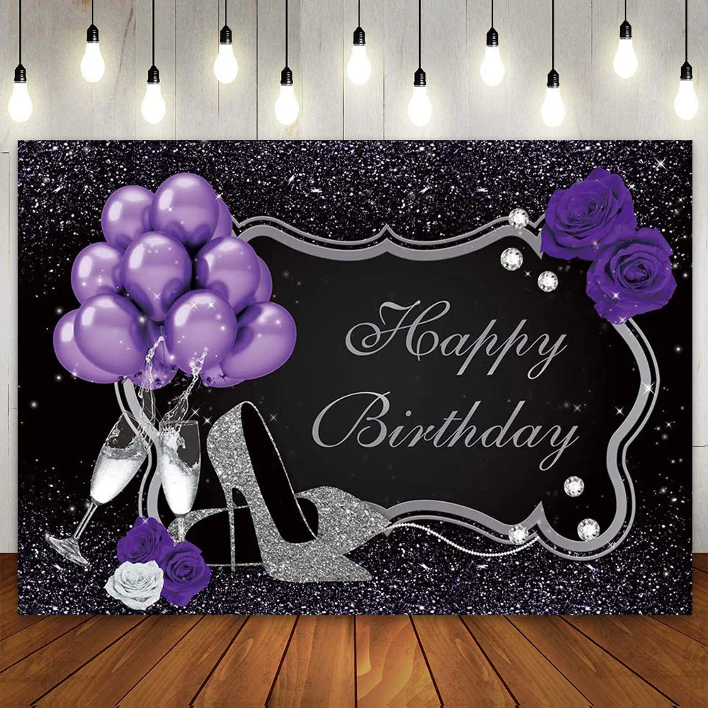 Happy Birthday Party Backdrop Purple Sliver Background Glitter Balloon Decor Banner for Women 30th 40th 50th 60th Photo Booth