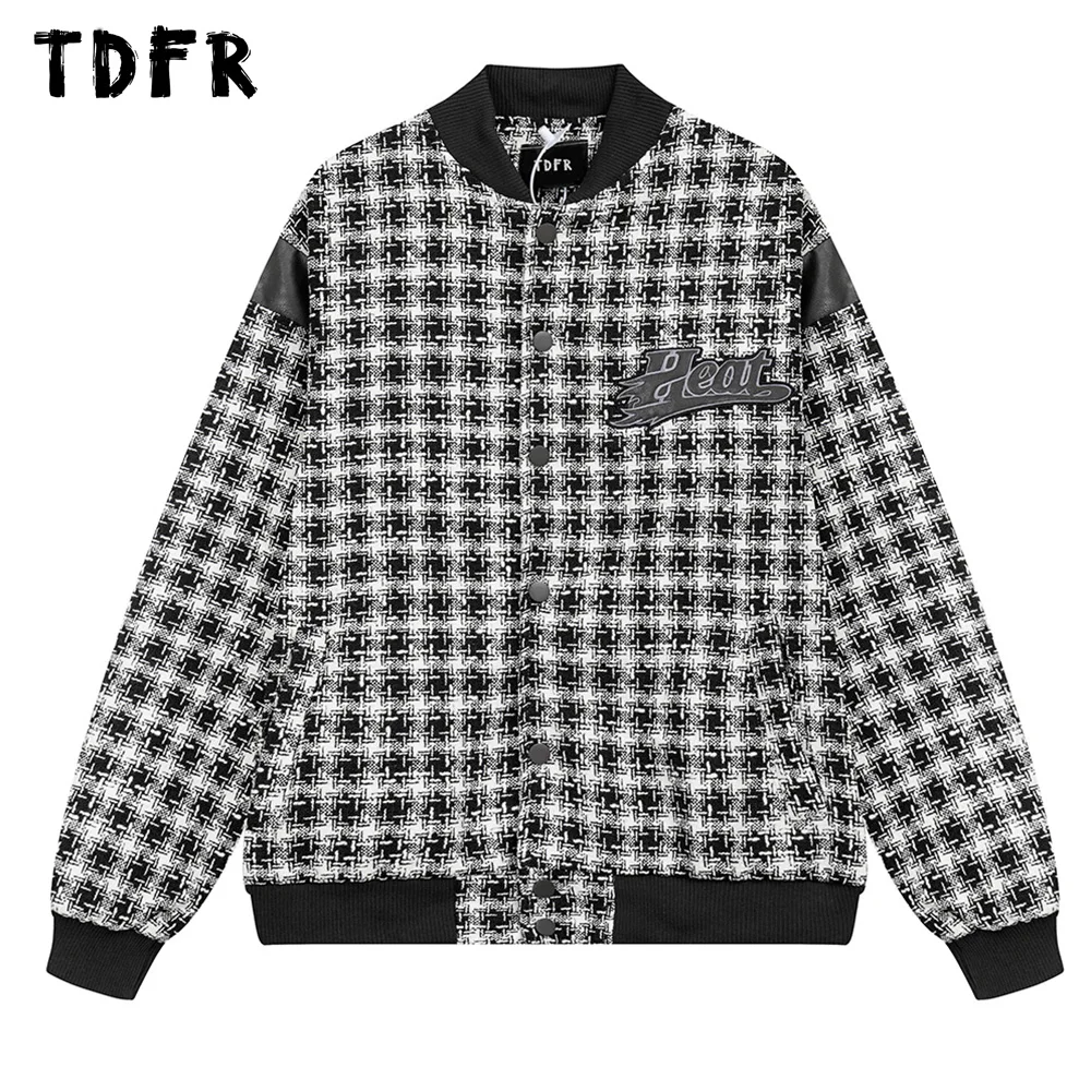 Embroidery Plaid Baseball Jacket Mens Autumn Winter Patchwork Casual Loose Single Breasted Outerwear Men