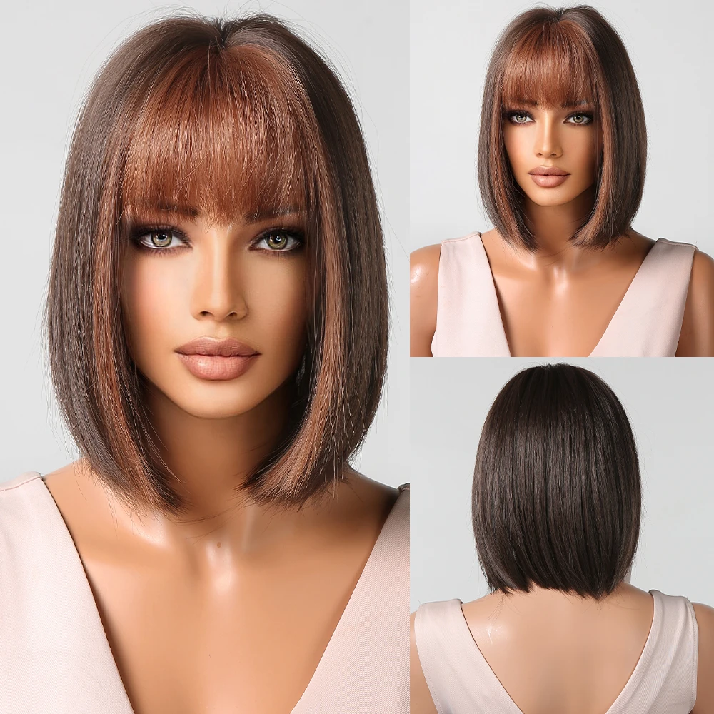 

Short Straight Synthetic Wigs with Bangs Brown Copper Orange Bob Hair Wig for Women Daily Cosplay Natural Heat Resistant Fiber
