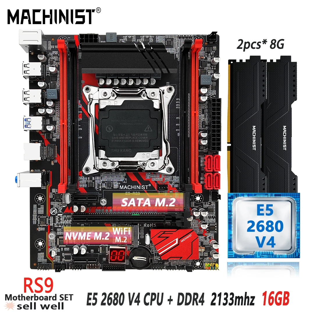 

MACHINIST RS9 X99 комплект материнской платы LGA2011-3 Kit Xeon E5 2680 V4 CPU Процессор 2*8 = 16 Гб DDR4 ECC RAM память SSD Nvme M.2