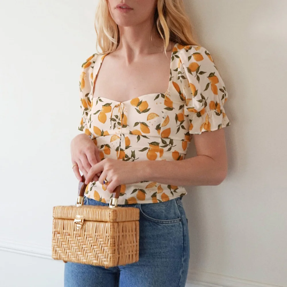 

Women Blouses Summer Beach Style Vacation Lemon Print Casual Blouse 2022 Clothes Sweetheart Neck Tie Bow Short Puff Sleeve Top