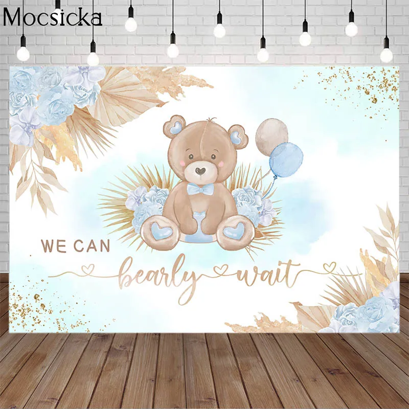 

Mocsicka мы можем жемчуживать фоны Детский Медведь День Рождения Вечеринка декоративные синие цветы пампасы трава реквизит детский душ фон