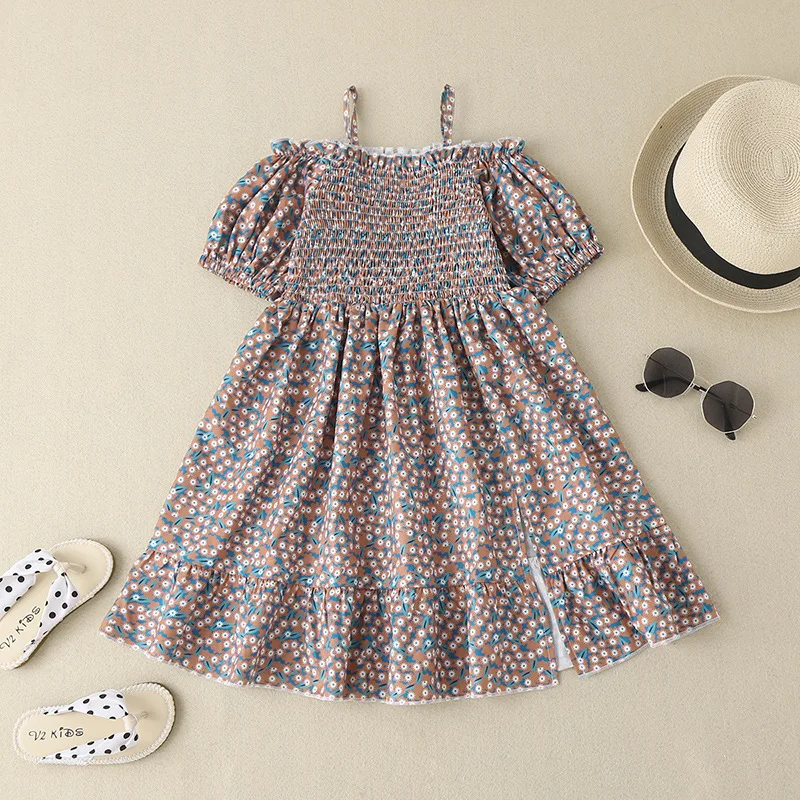 

New Girls Dress Sling Short Sleeve Dress Korean Fashion Floral Peint Solid Pleated Dress Girls Casual Children Wear Ropa De Niña