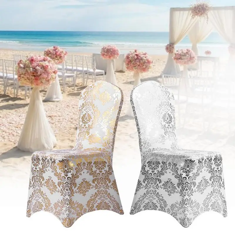 

Party Chair Cover Gold Printed Stretch Spandex Universal Wedding Chair Skirt Slipcover For Restaurant Banquet Hotel Dining Party