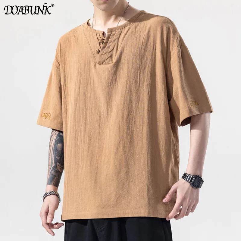 

2022 New Men's Cotton Linen T-Shirts Male Summer Breathable V-Neck Short Sleeve T Shirt Solid Color Casual Tops M-5XL