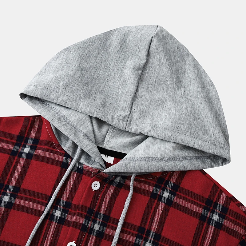 Parklees Classic Red Checked Hooded Shirts Men 2023 Brand New Long Sleeve Cotton Shirt Fashion Vintage Red Black Plaid Hoodies