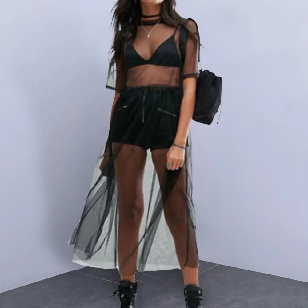 

Sunscreen Dress Classic Cool O-Neck Perspective Net Yarn Cover Up Dress Nightclub Wear Cover Up Dress Beach Dress