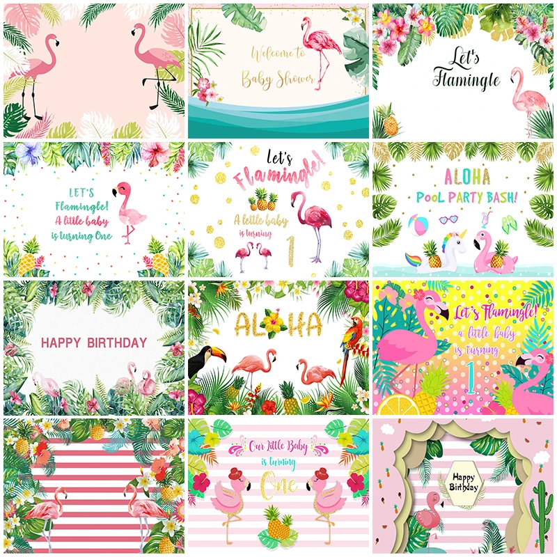 

Pink Flamingo Background Photography Summer Birthday Party Floral Greenery Beach Decoration Baby Shower Studio Photo Props