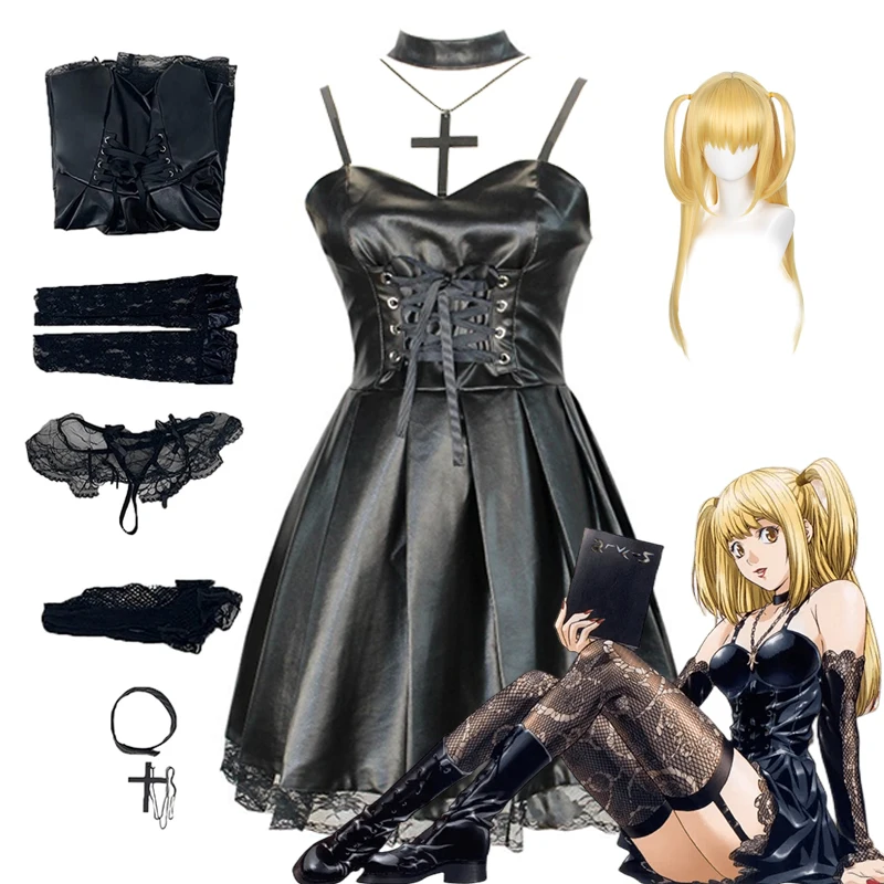 

Death Note Cosplay Anime Misa Amane Costume Faux Leather Sexy Black Lolita Dress Wig Set Halloween Clothes