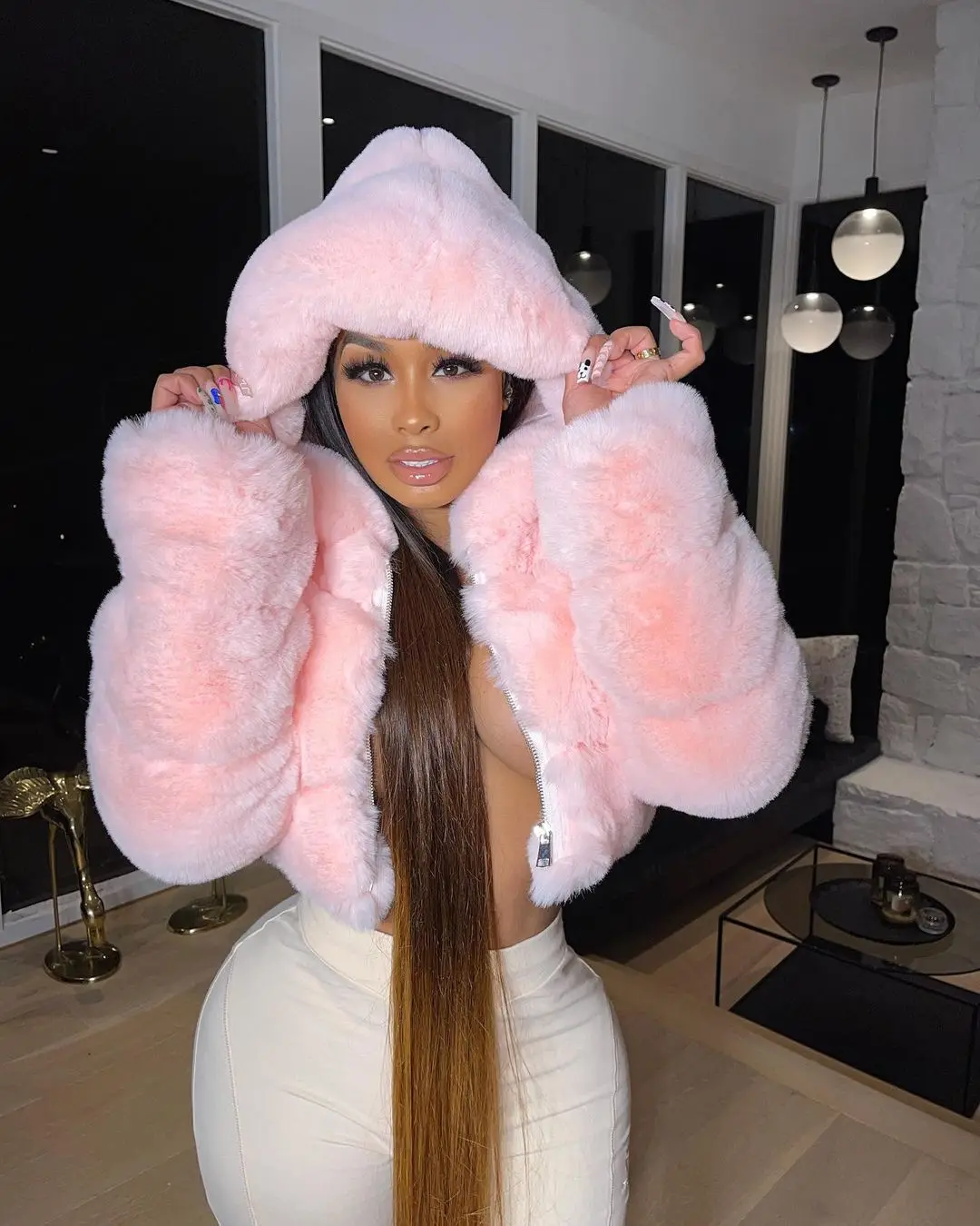 S-2XL Hooded Coats Women 2021 Winter Top Fashion Pink FAUX Fur Coat Elegant Thick Warm Outerwear Fake Fur Woman Jacket