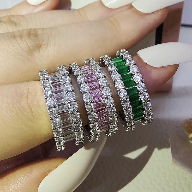 

2022 Luxury Pink Green silver color Baguette Cut Eternity Band Ring for Women Wedding Valentine's Day Gift Jewelry R4575