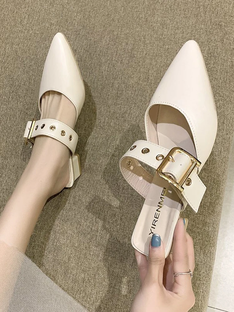 

Shoes Slippers Casual Pointed Toe Slides Slipers Women Heeled Mules Square heel Low Luxury 2022 Summer Cover Soft High Block Rom