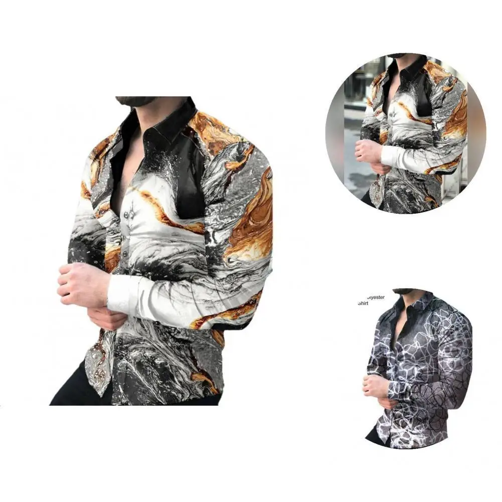 

Anti-shrink Amazing Casual Geometry Print Cardigan Top Youthful Men Shirt Single Breasted for Dates