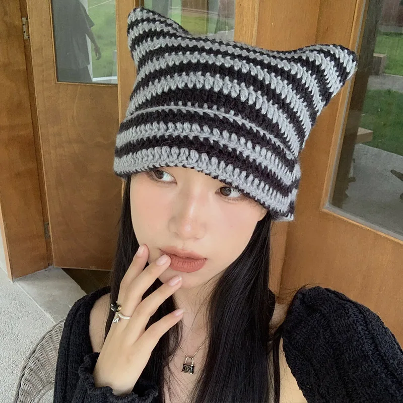 

Trend Striped Beanie Hat Winter Knitted Cap For Women Contrast Hat Girls Handmade Crochet Cotton Warm Knitted Designed Hat