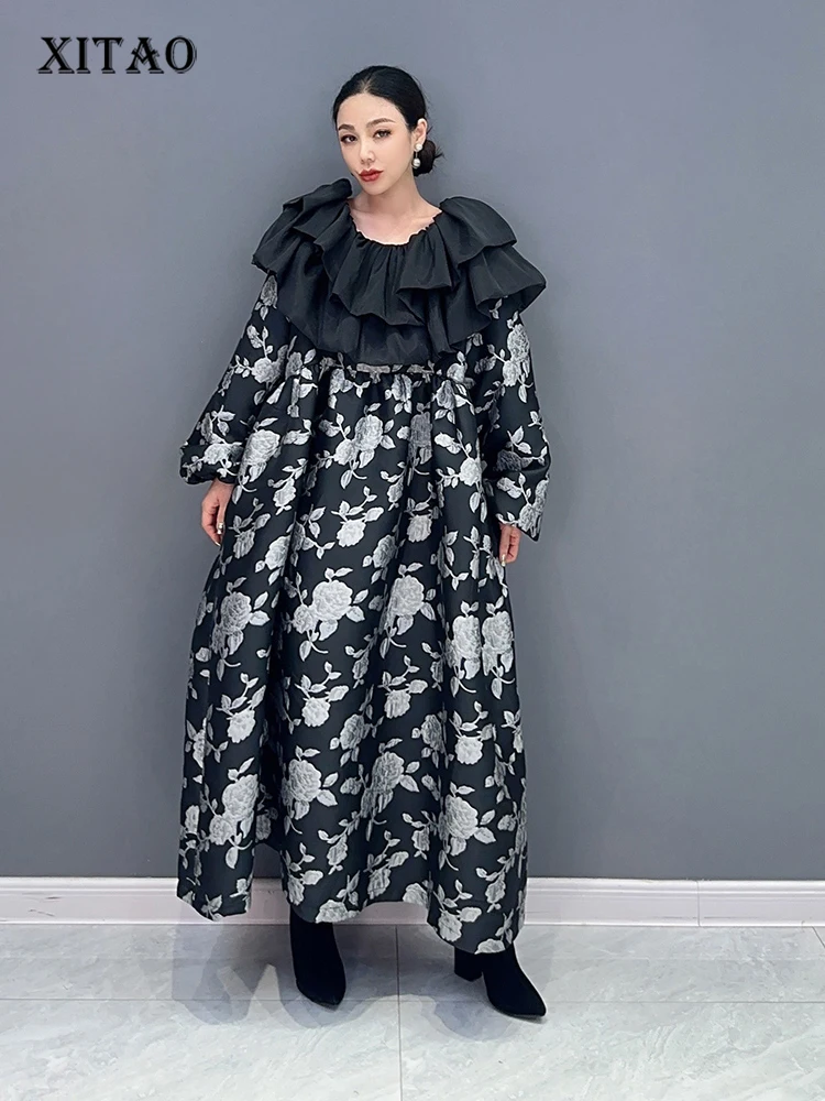 

XITAO свободное платье в стиле пэчворк с рюшами, пуловер с длинными рукавами и карманом, Новинка осени 2023, Универсальная Мода LYD1126