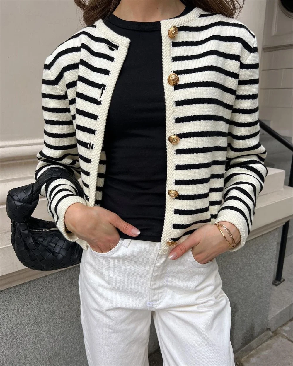Женский трикотажный однобортный Кардиган в полоску элегантный короткий свитер с